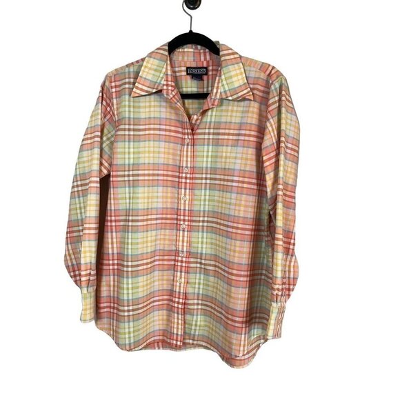 Lands End Shirt Women L Orange Plaid Mature Boho Western Equestrian Classic 80s - Picture 1 of 10